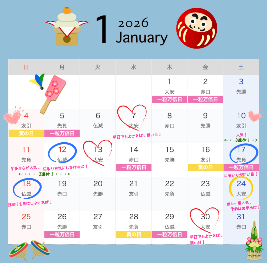 2026年1月結婚式日取りカレンダー